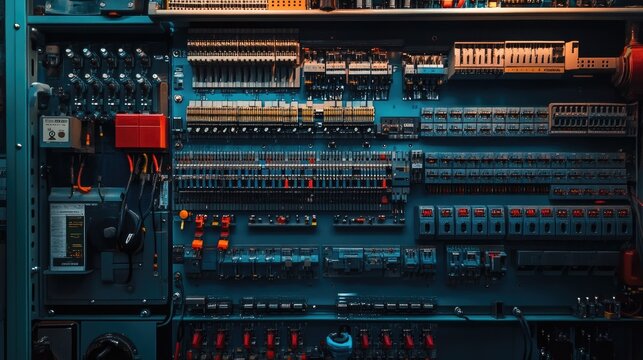 Electrical switchgear cabinet interior with relays, fuses, and terminal blocks clearly arranged