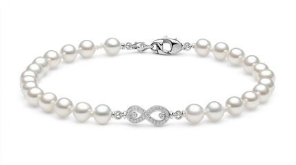 Obraz premium Elegant pearl necklace laid in a gentle curve on a white background, showcasing its lustrous round pearls and subtle glow