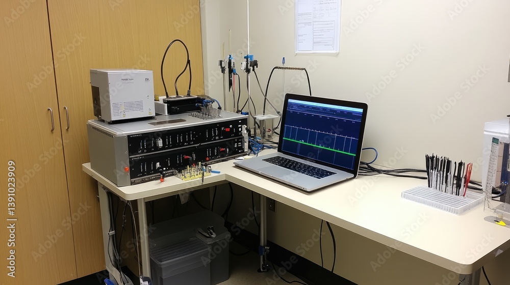 Poster engineering lab desk with laptop, signal generator, and scope probes set up for circuit testing