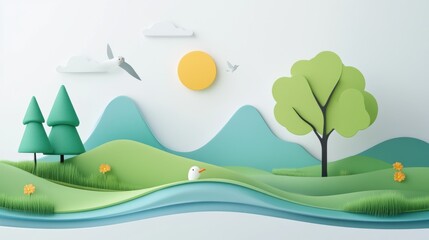 Fototapeta premium Paper Landscape Scene with Birds and Trees