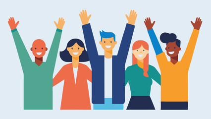 Hands in the Air A diverse group of team members with their hands in the air cheering for their leader who is confidently sharing their uncertainties illustrating encouragement and