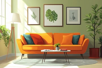 Modern Living Room with Orange Sofa and Green Walls: Cozy Home Decor with Art Prints and House Plants 