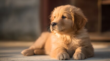 Golden retriever puppy with bright eyes sits calmly, radiating innocence and warmth