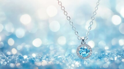 Fine necklace with aquamarine gemstone on gradient blue to white background, soft shine, no people