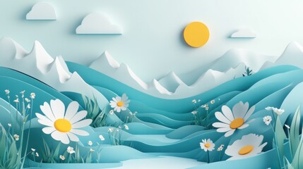 Papercraft Mountain Landscape with Flowers