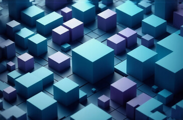 Obraz premium Geometric abstract image featuring blue and purple cubes arranged on a grid with an isometric perspective in a modern digital style.