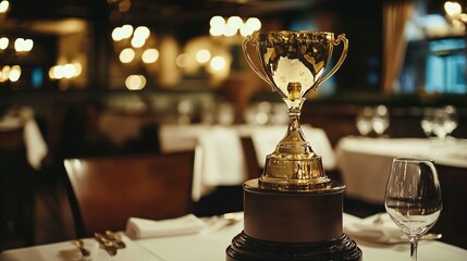 Luxury restaurant interior with golden trophy on wooden podium, elegant award ceremony concept for fine dining excellence and culinary achievement.