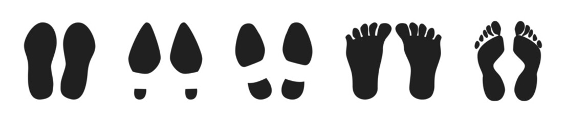 Human walking footprints shoes and shoe sole. Kids feet and foot steps Fun vector footsteps icon or sign for print. Different human footprints.