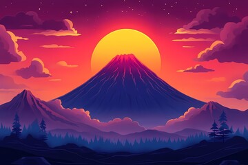 Majestic Mountain Volcano at Sunset - Vibrant Digital Art Landscape with Mysterious Wilderness and Beautiful Skies