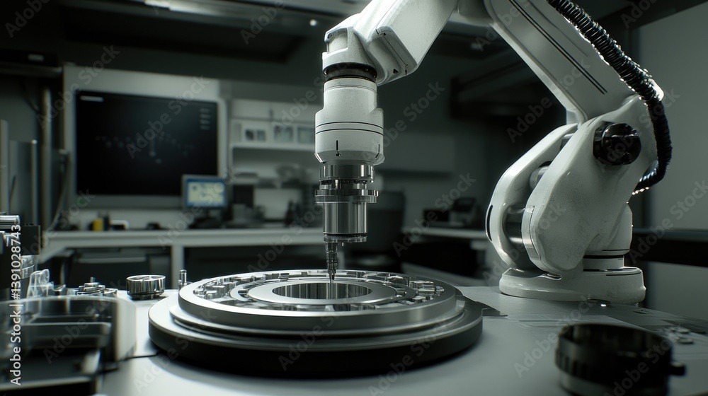 Poster multi-axis robotic arm assembling a precision part in an engineering lab, no people