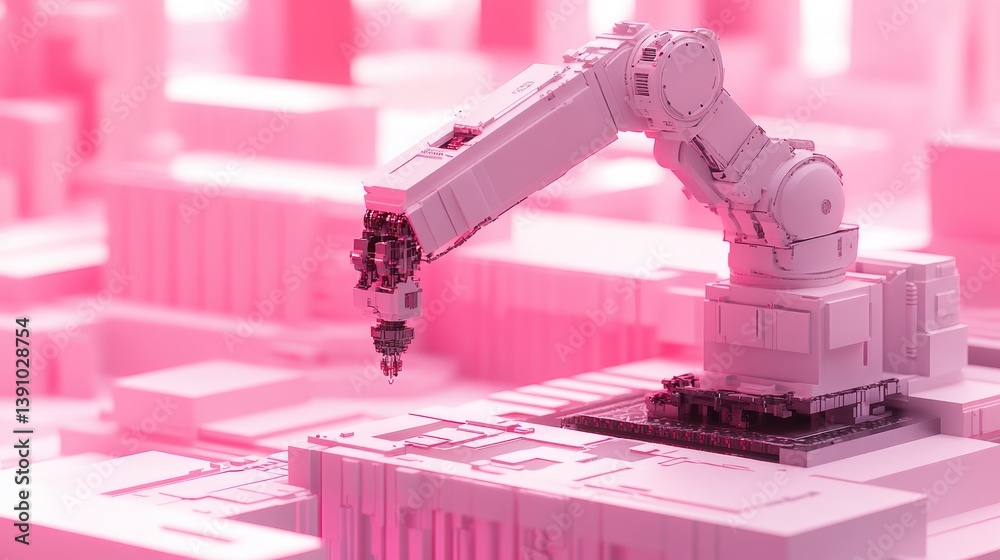 Poster multi-axis robotic arm assembling a precision part in an engineering lab, no people