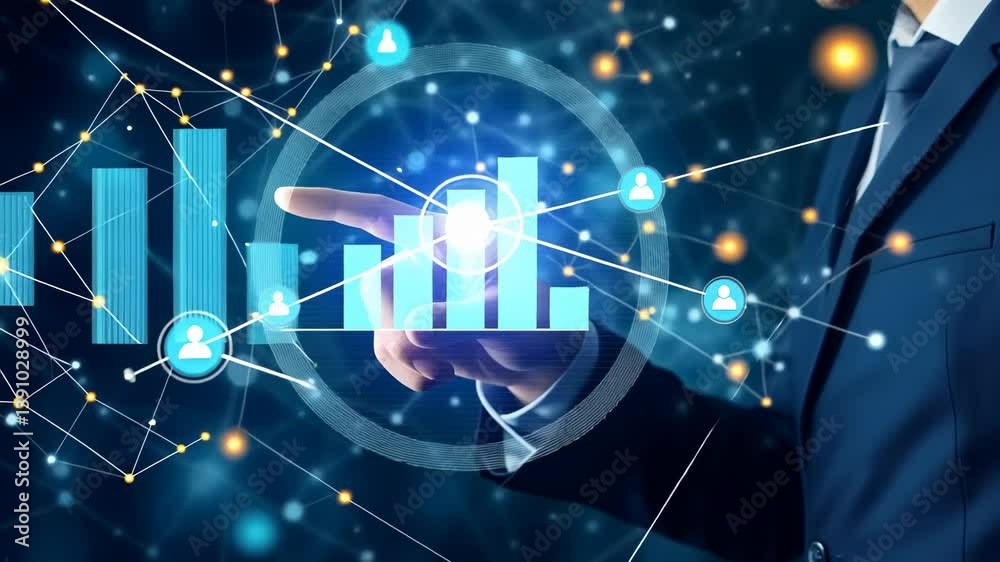 Poster A man in suit interacts with digital interface displaying bar graphs , networked data points, symbolizing modern business analytics, technological innovation, , future of data-driven decision-making.