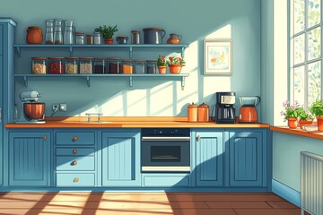Modern Blue Kitchen Interior Design with Natural Light and Inviting Decor Featuring Cozy Wood Accents and Functional Shelving