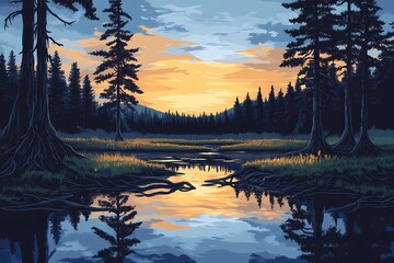 Fototapeta premium Serene Nature Landscape: Photorealistic Sunset Reflection with Trees and Vibrant Colors Over a Calm Lake View