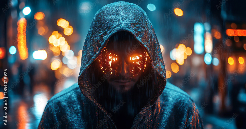 Aufkleber in a dimly lit urban environment, a cybersecurity expert analyzes potential data breaches while rain