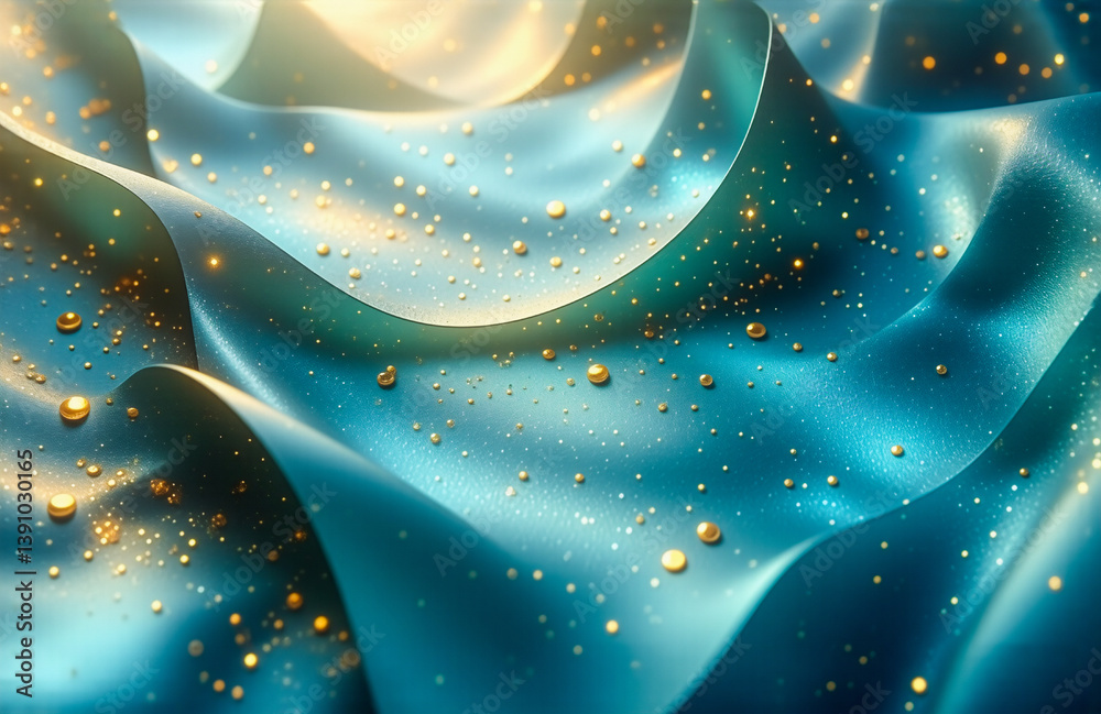 Leinwandbilder elegant blue fabric flows smoothly with golden light and sparkles. shimmering, luxurious texture wit