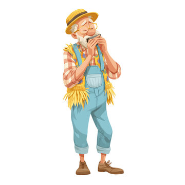 An animated image of a smiling, elderly farmer playing his harmonica with joy and enthusiasm.