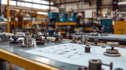 Process engineer's workflow chart pinned beside valve models and industrial gauges, no people
