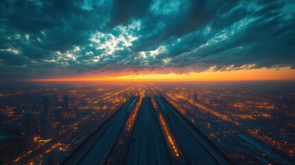 Obraz premium Cityscape sunset aerial view, dramatic clouds, skyscraper vantage, urban sprawl, travel brochure