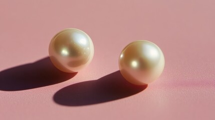 Side-lit pearl earrings on dusty rose backdrop, emphasizing shadow play and luster, no people