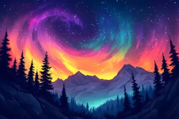 Vibrant Aurora Borealis: Illuminated Night Sky Over Serene Silhouetted Mountains and Trees