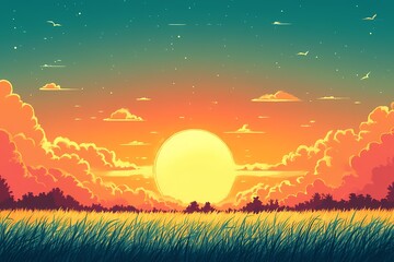 Vibrant Sunset Landscape Illustration: Bold Colors and Radiant Light Sky