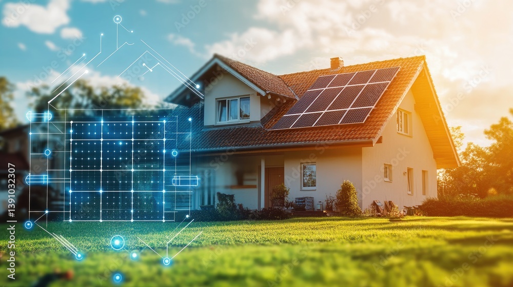 Poster solar panel array diagram with efficiency graphs and system layout sketches, no people