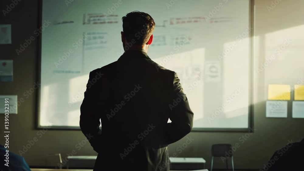 Poster business team members seated around a conference table in an office, one giving a presentation in fr