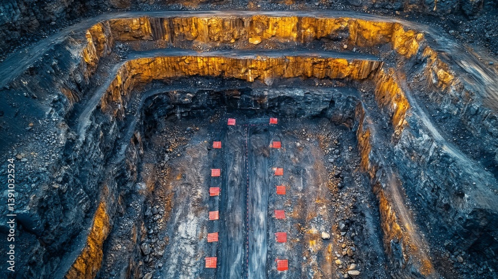 Poster Heavy machinery and equipment are positioned within a vast quarry, highlighting the multiple layers of rock being excavated for mineral extraction. The site is actively processing materials.