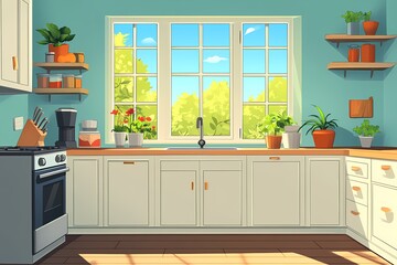 Fototapeta premium Modern Kitchen Interior with Natural Light: Stylish Home Decor and Rustic Elegance Featuring Cabinets, Sink, Wooden Countertop, and Cozy Atmosphere