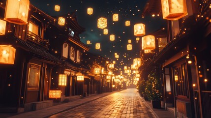 Nighttime Asian street, lanterns floating, buildings, festival