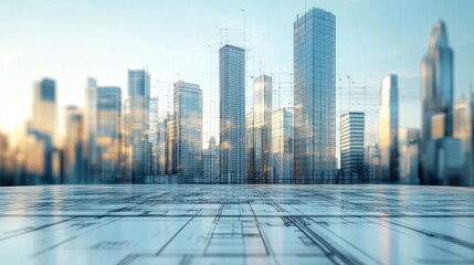 Table with blueprint showing vertical transportation system in a skyscraper, no people