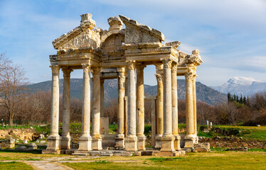 Monumental gateway or tetrapylon preserved to this day in small ancient Greek city of Aphrodisias...