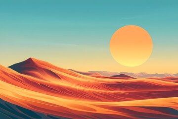 Sunset Desert Digital Art: Vibrant Landscape with Rolling Sand Dunes and Mountains in Stunning Evening Light