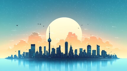 Obraz premium City Skyline Panorama at Sunset: Tranquil Urban Landscape with Modern Architecture and Colorful Sky Reflections in a Digital Illustration Art Piece