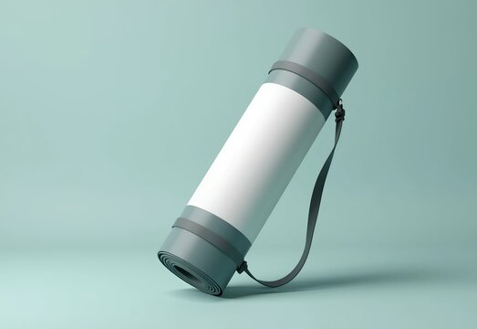 Yoga mat mockup rolled and floating mid-air, blank label for branding and customization, health, fitness