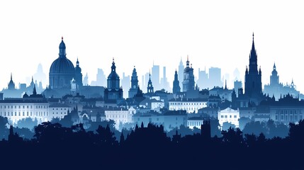 Fototapeta premium European Cityscape Skyline Illustration: Scenic View of Historic Silhouette and Modern Architecture at Dusk