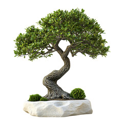 A 3D Bonsai Tree with Small Thick Trunks on a Rock Isolated on Transparent Background