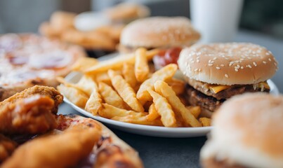 fast food including burgers, pizza, fries, fried chicken and hot dogs, Generative AI