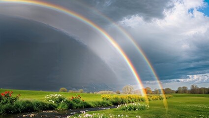 Arc of Light: A Rainbow Touching Nature. A magical and vibrant scene of a bright rainbow arching across the sky after a gentle rain. The sky is a mix of soft blue and lingering gray clouds