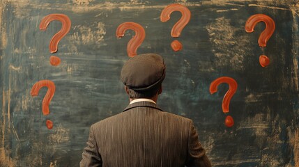 Man facing question marks on chalkboard seeking answers problem solving decision making uncertainty concept
