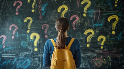 Student with questions school education learning chalkboard back to school confusion doubt uncertainty thinking