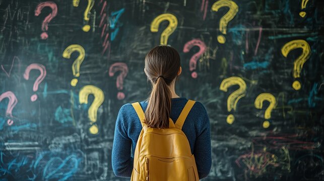 Student with questions school education learning chalkboard back to school confusion doubt uncertainty thinking