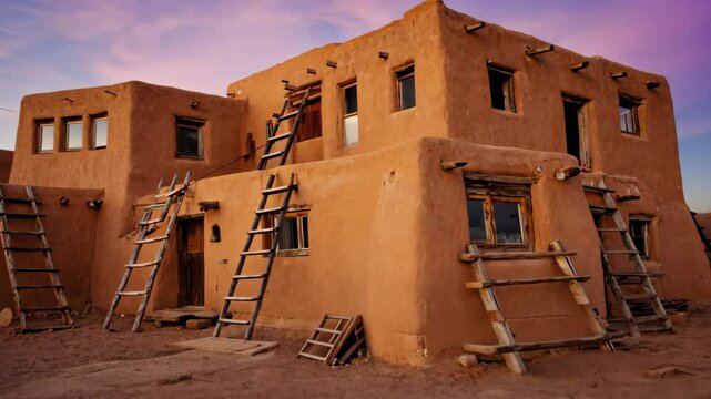 Old adobe structure with wooden ladders at sunset in the Southwest desert region
