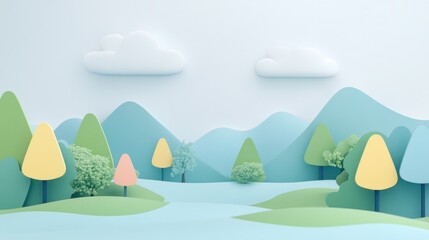 Pastel Landscape Scene with Hills, Trees, and Clouds