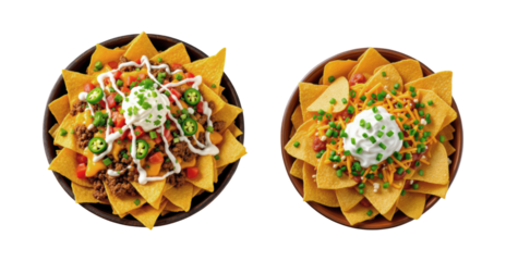 Mexican Style Loaded Corn Tortilla Nachos with Ground Beef, Melted Cheese, Sour Cream, Green Onions and Fresh Toppings Isolated on Transparent and White Background