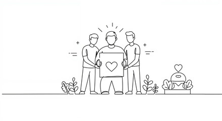 Two people assisting a friend holding a heart symbol  