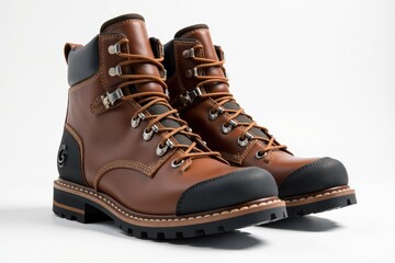Brown leather hiking boots, sturdy laces, white background, detail, durable