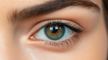 Close up portrait of beautiful green eyes with long eyelashes eyebrow and healthy skin detail view