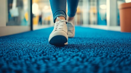 Walking on blue carpet runner in white sneakers, indoor floor covering, modern design, lifestyle concept
